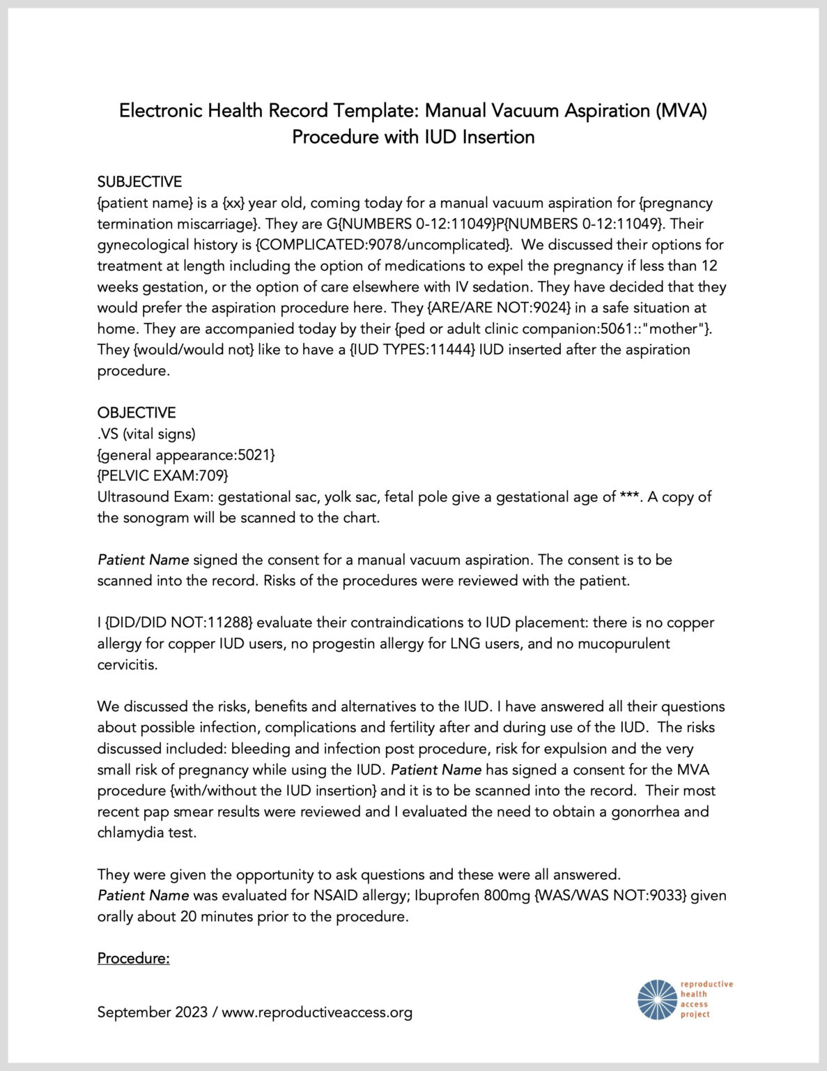 Reproductive Health Access Project Electronic Health Record Template Reproductive Health Access Project Electronic Health Record Template