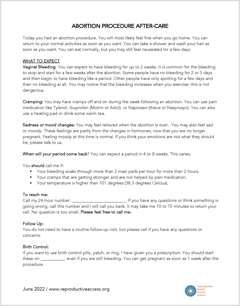 Reproductive Health Access Project Manual Vacuum Aspiration for Abortion Aftercare