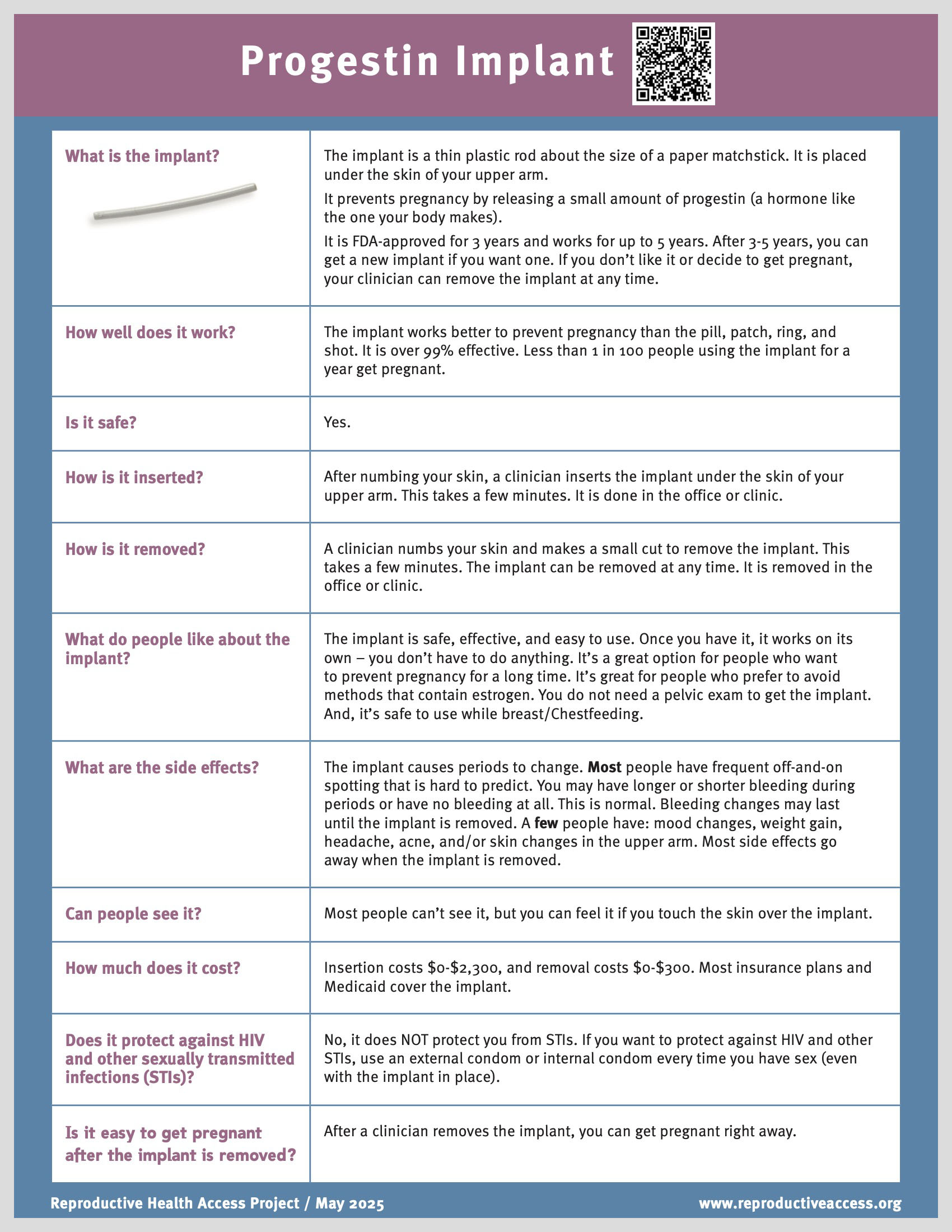 Reproductive Health Access Project | Progestin Implant Fact Sheet