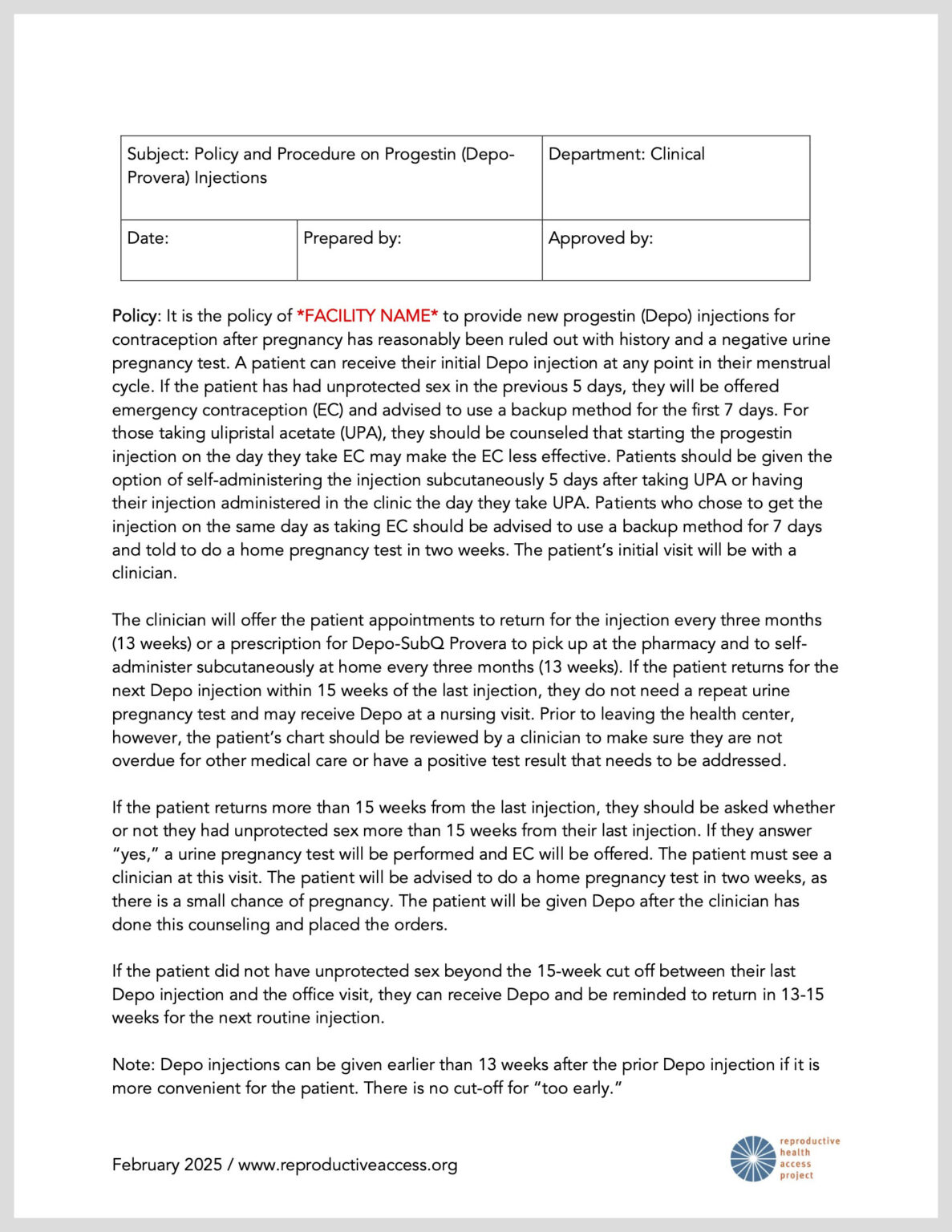 Depo Injection Checklist.pdf Reproductive Health Access Project (RHAP) | Progestin Injection Policy ...