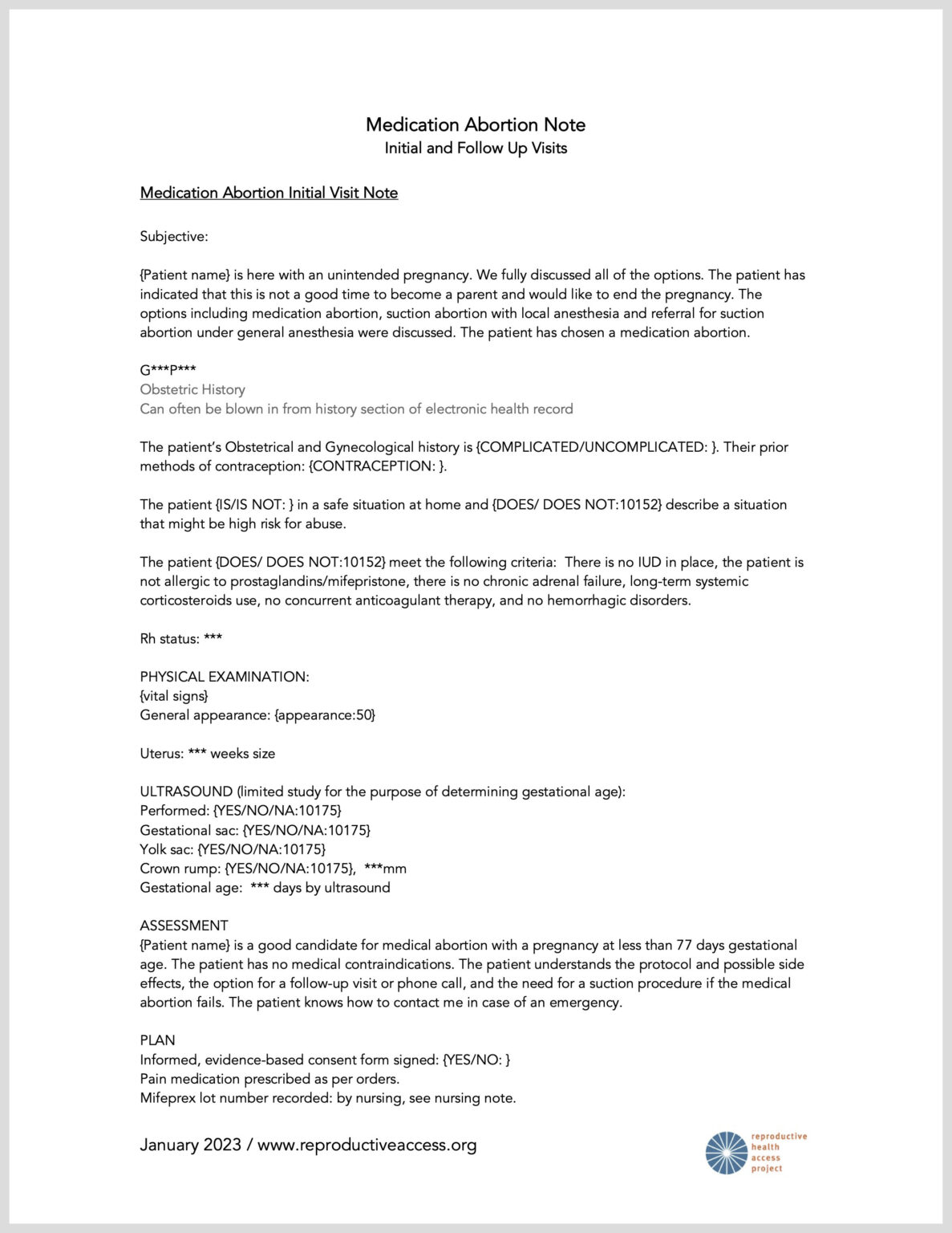 Reproductive Health Access Project Electronic Health Record Template Reproductive Health Access Project Electronic Health Record Template